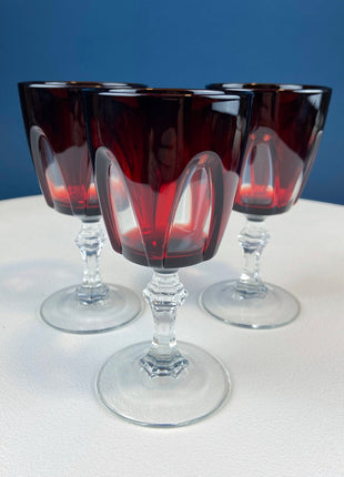 Vintage Ruby Red Bohemian Crystal Wine Water Goblets. Red to Clear with Engraved Laurel Wreath Band. Set of Six Stemware. Dining Room Decor