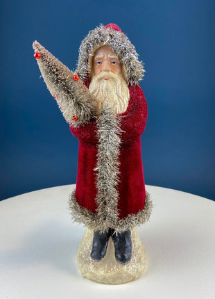 Belsnickel Santa in Beige Iridescent Coat and Red Gloves. Collectible Paper Mache Figurine. Victorian Holiday.