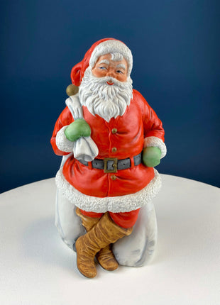 Large Vintage Santa Figurine with Little Girl and Bag of Gifts. Christmas Decoration. Holiday Celebration. Retail Home Seasonal Display.