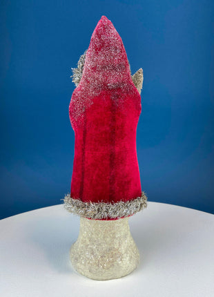 Belsnickel Santa in Beige Iridescent Coat and Red Gloves. Collectible Paper Mache Figurine. Victorian Holiday.