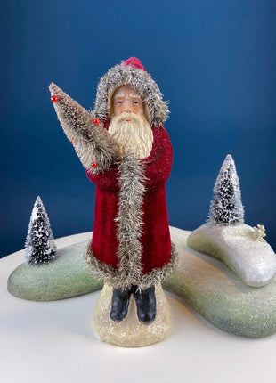 Large 18" Belsnickel Santa Green Sparkling Coat Carrying White Tree. Seasonal Christmas Home Retail Decor. Rustic Traditional Collectible.