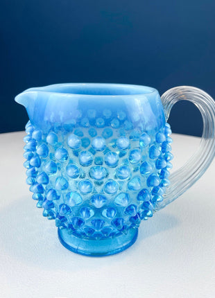 Fenton Pink Glass Pitcher with Hobnail Pattern & Pinched Clear Handle. Water Juice Milk Jug. Flower Vase. Collectible Glass.