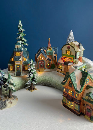 Village Collection of Small Christmas Illuminated Houses. Set of 4 Different Buildings: Inn, Hardware, Public House and Victorian House.