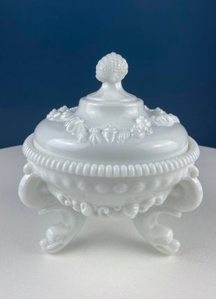 Westmoreland Milk Glass Lidded Serving Trinket Bowl with Dolphin and Celtic Motifs. White Covered Dish Storage Container for Bath Products.