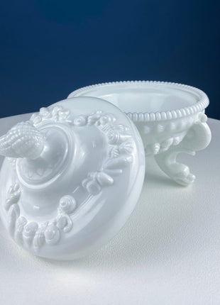 Westmoreland Milk Glass Lidded Serving Trinket Bowl with Dolphin and Celtic Motifs. White Covered Dish Storage Container for Bath Products.