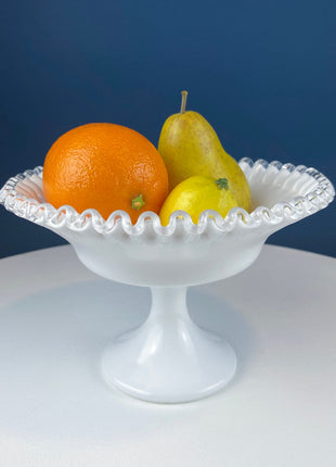 Vintage Fenton Hobnail Serving Bowl Fruit Stand. Fluted Outer Wall. Mid-C Modern Collectible Milk Glass. Dining Room Kitchen Table Decor.