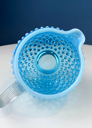 Fenton Pink Glass Pitcher with Hobnail Pattern & Pinched Clear Handle. Water Juice Milk Jug. Flower Vase. Collectible Glass.