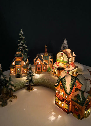 Village Collection of Small Christmas Illuminated Houses. Set of 4 Different Buildings: Inn, Hardware, Public House and Victorian House.