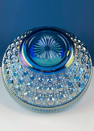 Blue Carnival Federal Glass Bowl Plate. 10” Iridescent Serving Platter. Windsor Button Pattern and English Hobnail. Collectible Art Glass.