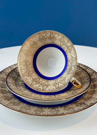 Vintage Paragon Cup and Saucer. Porcelain Tea Set. Lt Yellow with Dark Blue and Gold Bend. Rose Motif. Excellent Gift Idea for Tea Lover.