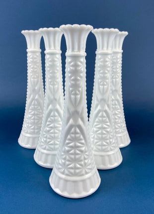 Milk Glass Flutes. Collection of Six Vases for Floral Arrangements. Wedding Table Decor. Elegant Geometrical Pattern. Tulip Like Mouth.