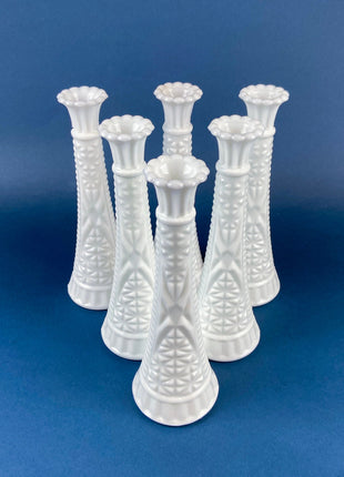 Milk Glass Flutes. Collection of Six Vases for Floral Arrangements. Wedding Table Decor. Elegant Geometrical Pattern. Tulip Like Mouth.
