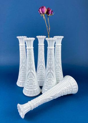 Milk Glass Flutes. Collection of Six Vases for Floral Arrangements. Wedding Table Decor. Elegant Geometrical Pattern. Tulip Like Mouth.