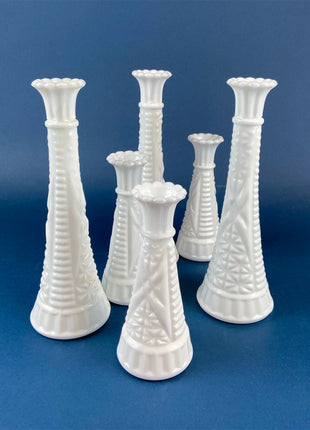 Milk Glass Flutes. Collection of Six Vases for Floral Arrangements. Wedding Table Decor. Elegant Geometrical Pattern. Tulip Like Mouth.