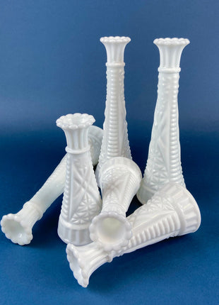 Milk Glass Flutes. Collection of Six Vases for Floral Arrangements. Wedding Table Decor. Elegant Geometrical Pattern. Tulip Like Mouth.