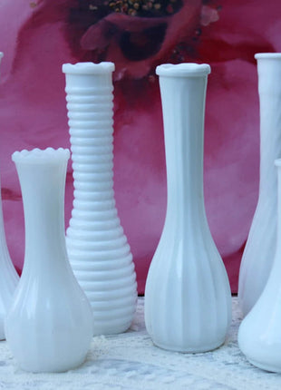 Milk Glass Flutes. Collection of Six Vases for Floral Arrangements. Wedding Table Decor. Elegant Geometrical Pattern. Tulip Like Mouth.