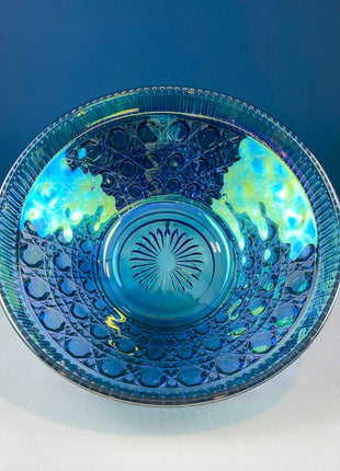Blue Carnival Federal Glass Bowl Plate. 10” Iridescent Serving Platter. Windsor Button Pattern and English Hobnail. Collectible Art Glass.