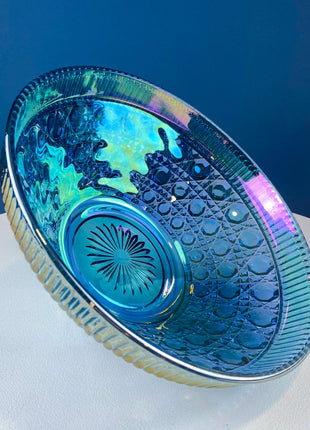 Blue Carnival Federal Glass Bowl Plate. 10” Iridescent Serving Platter. Windsor Button Pattern and English Hobnail. Collectible Art Glass.