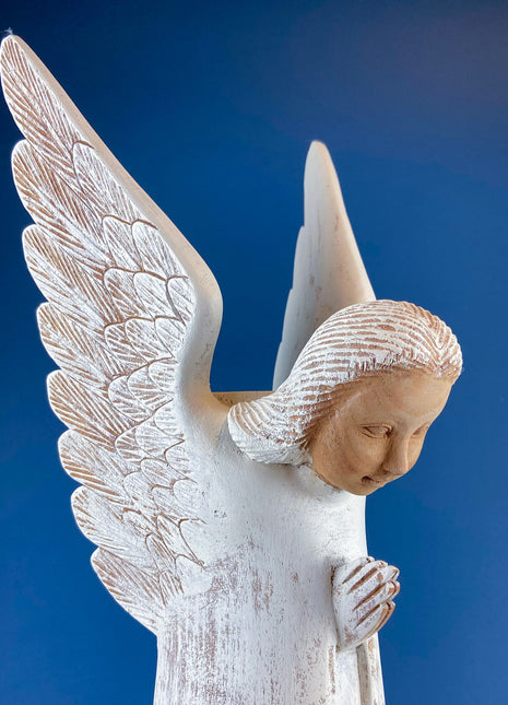 Wooden Hand Carved Angel Figurine. Large Limited Edition, #15, Angel Statue. Stunning Sculpute of Praying Angel. Candle Holder or Art.