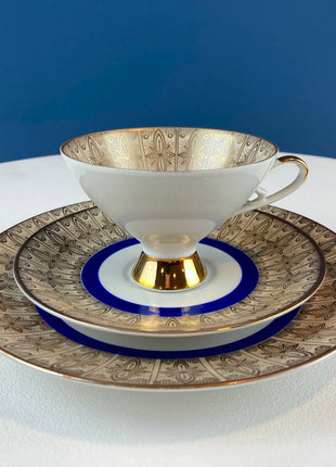 Vintage Paragon Cup and Saucer. Porcelain Tea Set. Lt Yellow with Dark Blue and Gold Bend. Rose Motif. Excellent Gift Idea for Tea Lover.