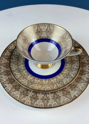 Vintage Paragon Cup and Saucer. Porcelain Tea Set. Lt Yellow with Dark Blue and Gold Bend. Rose Motif. Excellent Gift Idea for Tea Lover.