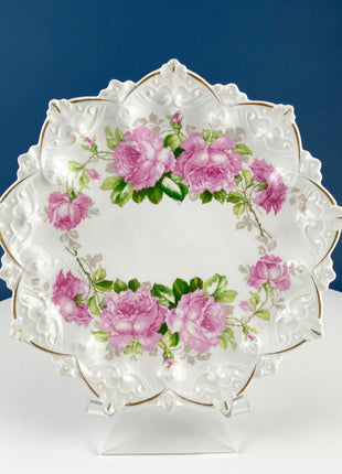 Antique Decorative Plate by Imperial Vienna. Hand Painted Pink Roses Motif. Collectable Serving Platter. M.Z. Austria. 1900-1909.