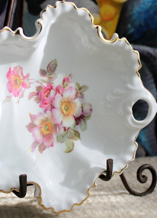 Vintage Bavaria Porcelain Bowl, 22K Gold Rim, Hand-Painted Roses
