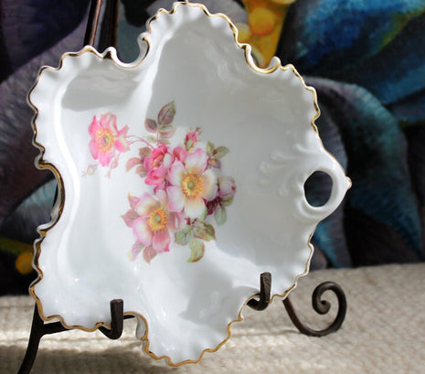 Vintage Bavaria Porcelain Bowl, 22K Gold Rim, Hand-Painted Roses