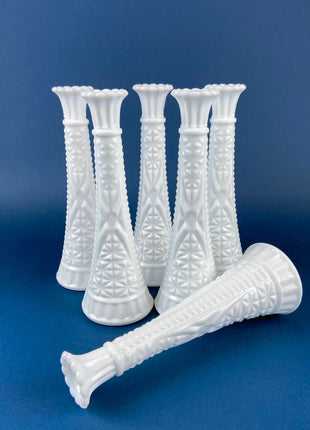 Milk Glass Flutes. Collection of Six Vases for Floral Arrangements. Wedding Table Decor. Elegant Geometrical Pattern. Tulip Like Mouth.