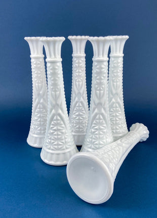 Milk Glass Flutes. Collection of Six Vases for Floral Arrangements. Wedding Table Decor. Elegant Geometrical Pattern. Tulip Like Mouth.