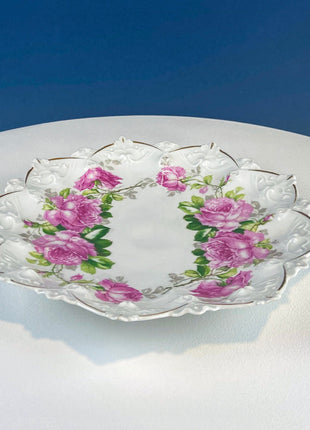 Antique Decorative Plate by Imperial Vienna. Hand Painted Pink Roses Motif. Collectable Serving Platter. M.Z. Austria. 1900-1909.