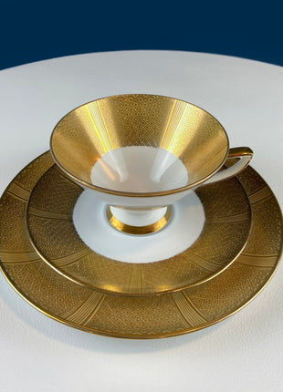 Vintage White & Gold Cup and Saucer. Hand Painted Golden Rose. Tuscan English Fine Bone China. Hosting Necessities. Tea Party. Collectibles.