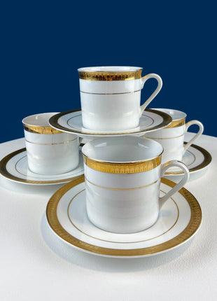 Noritake Legendary Crestwood Platinum Tea Set. 8 White Cups & Saucers with Silver Embossed Bands. 4 Matching Dessert Plates. Dining Rm Decor