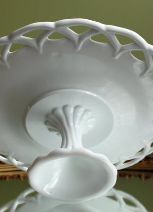 Stunning Milk Glass Footed Bowl with Reticulated Edge and Foot. Large White Lace Edge Serving Dish. Table Centerpiece. Dining Room Decor.