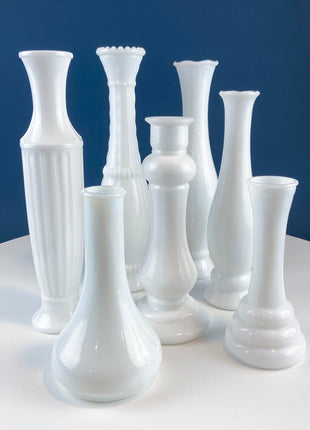 Collection of White Milk Glass Vases with Different Designs. Set of Five in Varying Shapes & Sizes. Contemporary Cottage or Modern Farmhouse