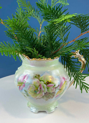 Lefton Porcelain Hand Painted Pitcher. Heritage Green Pitcher with Pink Roses, Crimped Rim, Scalloped Foot. Dining Room Decor. Cottagecore.