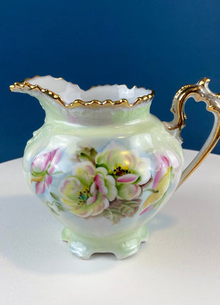 Lefton Porcelain Hand Painted Pitcher. Heritage Green Pitcher with Pink Roses, Crimped Rim, Scalloped Foot. Dining Room Decor. Cottagecore.