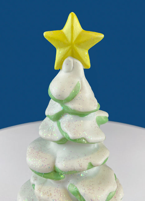 Porcelain Snow Covered Pine Tree with Star Topper. Christmas Village Accessories. Alternative Holiday Decor. Kids Room. Store Display.