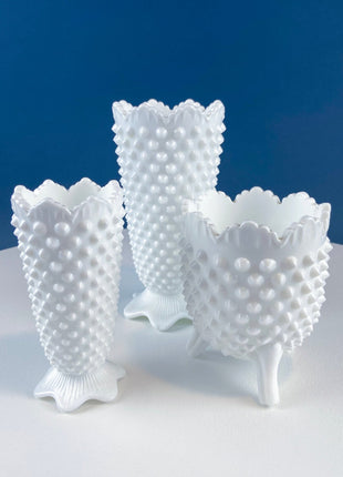 Set of Two Fan Shaped Hobnail Milk Glass Vases. Two Sizes with Scalloped Edges. Contemporary Cottage. Modern Farmhouse. Collectible Glass.