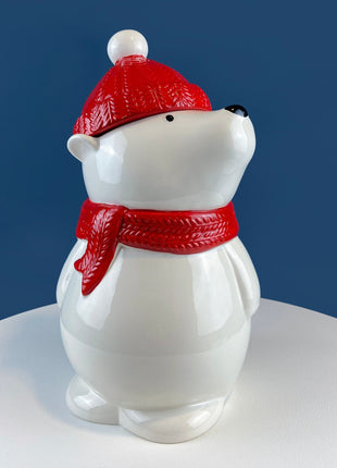 Polar Bear in Red Hat Cookie Jar. Cute, Animal Themed Kitchen Storage Canister or Kids' Room Decor. Holiday Dining Room Decor.