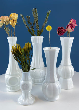 Collection of White Milk Glass Vases with Different Designs. Set of Five in Varying Shapes & Sizes. Contemporary Cottage or Modern Farmhouse