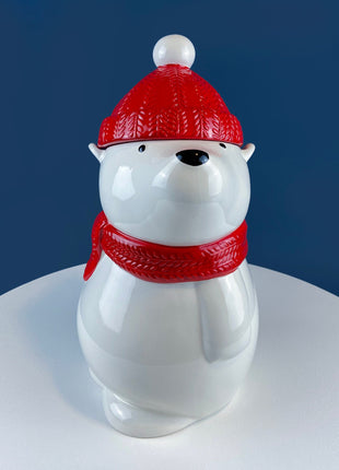 Polar Bear in Red Hat Cookie Jar. Cute, Animal Themed Kitchen Storage Canister or Kids' Room Decor. Holiday Dining Room Decor.