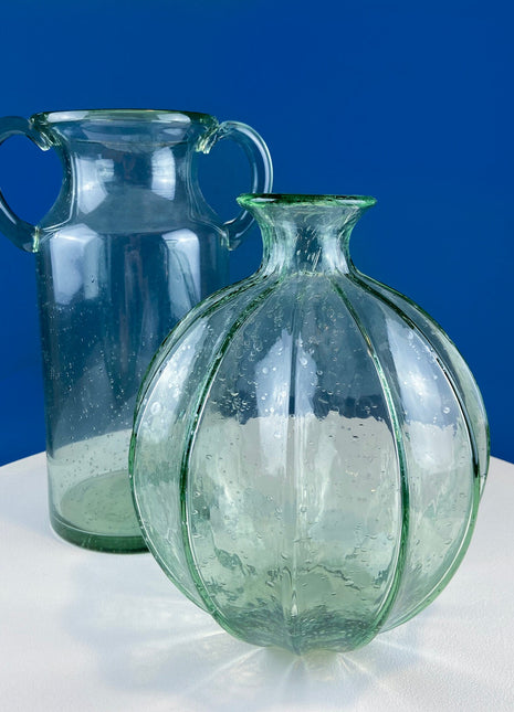 Hand Blown Glass, Light Green Vases. Pair of Large Thick Heavy Glass Flower Vases. Rustic or Modern Home Decor. Art Glass. Collectible Glass