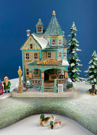 Illuminated Lemax Warren Bed and Breakfast Christmas Village Series. Porcelain Enchanted Holiday Decor. Seasonal Realstate Office Decor.