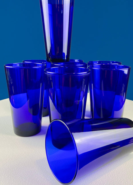 Modern Cobalt Blue Tumblers. Set of Nine Minimal Glasses. Blue Kitchen Decor. Dining Room Decor. Cottagecore Living. Collectible Glass.