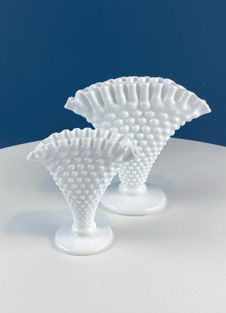 Set of Two Fan Shaped Hobnail Milk Glass Vases. Two Sizes with Scalloped Edges. Contemporary Cottage. Modern Farmhouse. Collectible Glass.