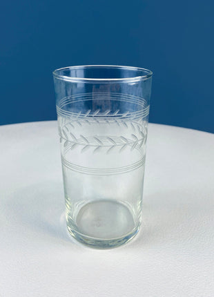 Fostoria Needle-Etched Cloverleaf Crystal Set of 9 Water Juice Liqueur Tumblers with Matching Decanter Carafe. Dining Barware LibraryDisplay