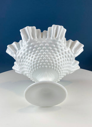 Fenton Milk Glass Hobnail Footed Bowl with Ruffled Edge. Collectible Compote. White Serving Dish. Dining Room Decor. Table Centerpiece.