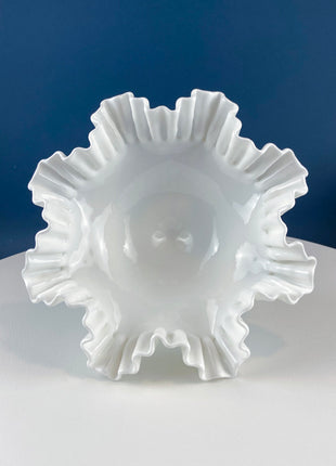 Milk Glass Hobnail Footed Bowl with Ruffled Edge. Collectible Compote on 3 Feet. White Serving Dish. Dining Room Decor. Table Centerpiece.