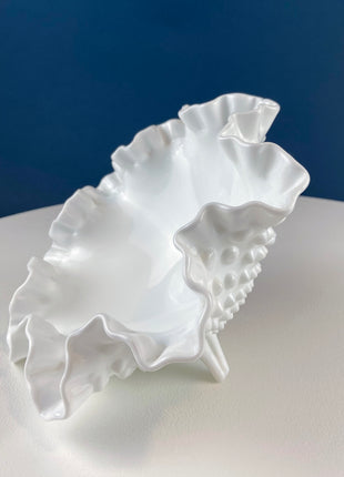 Milk Glass Hobnail Footed Bowl with Ruffled Edge. Collectible Compote on 3 Feet. White Serving Dish. Dining Room Decor. Table Centerpiece.